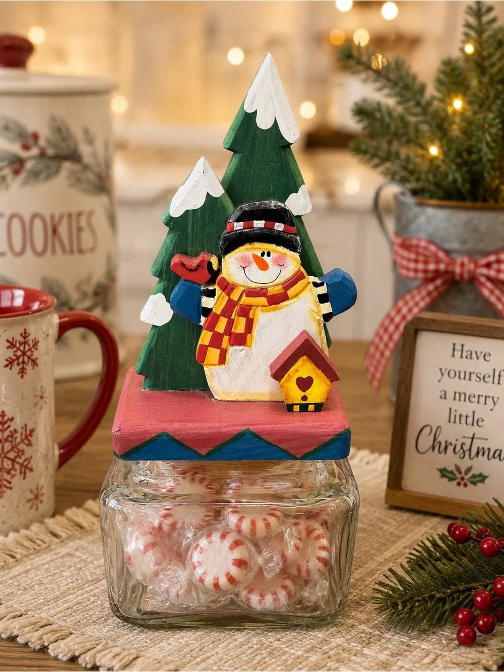 Vintage Snowman Glass Candy Jar Hand Painted Christmas Cookie Canister Holiday